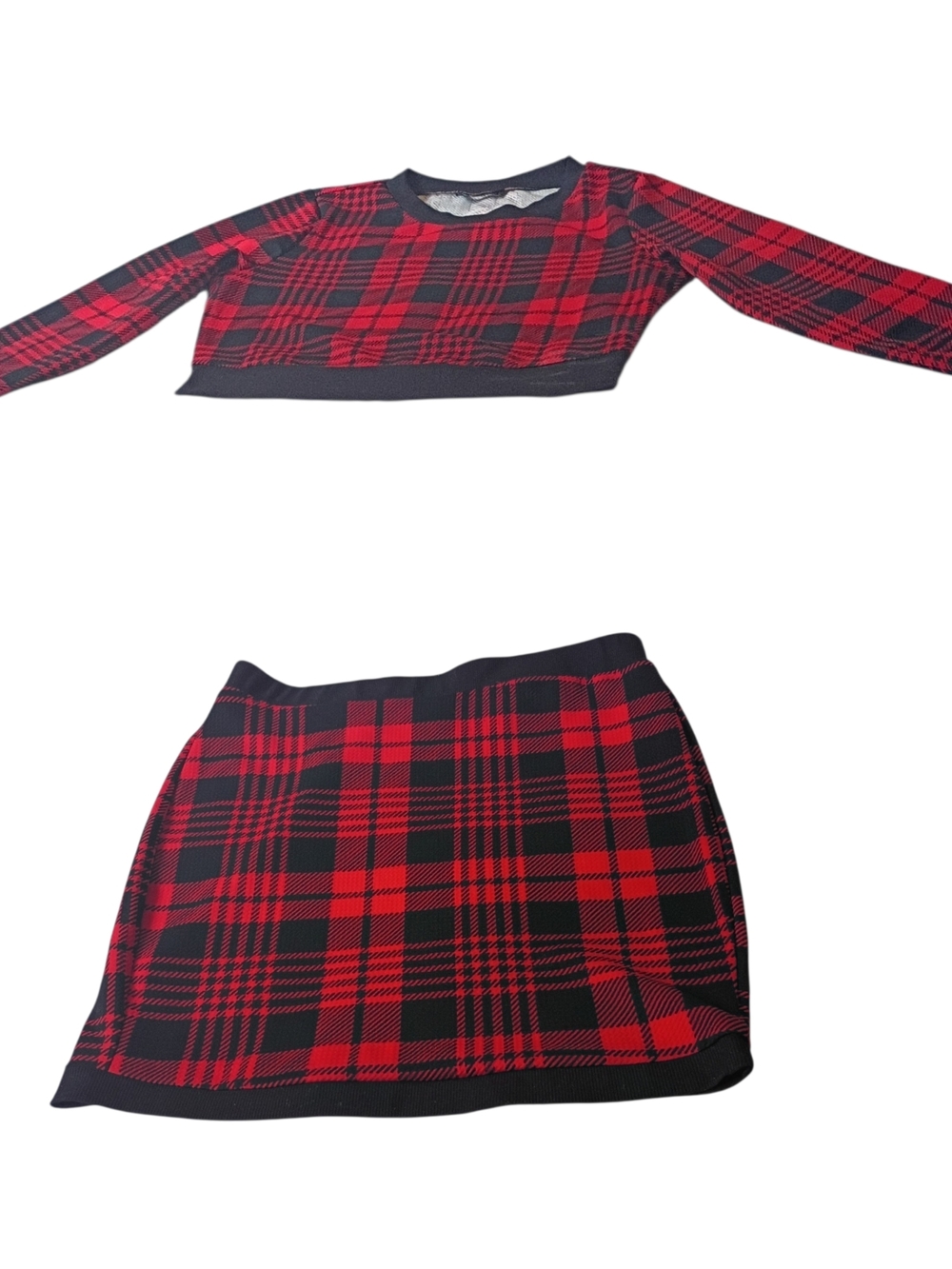 Red Plaid Two-Piece Crop Top and Skirt Set - Women